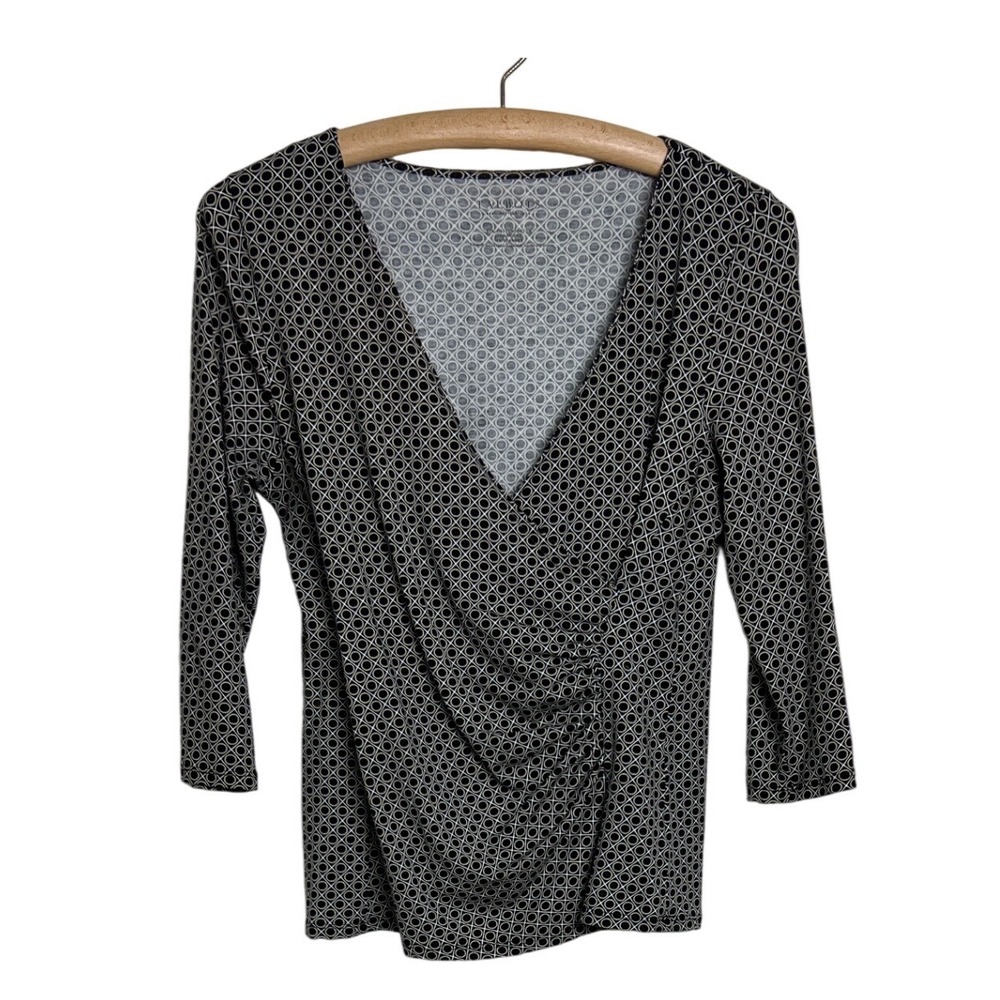 Talbots Faux Wrap Top Women SP Black White Geometric Print Ruched 3/4 Sleeve F04